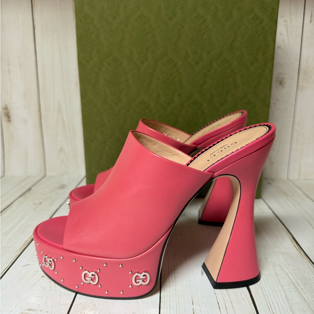 Gucci Malaga Kid Janaya Platform Leather Sandals Rhodamine Pink Sz 39.5 / 9.5 - Picture 4 of 16